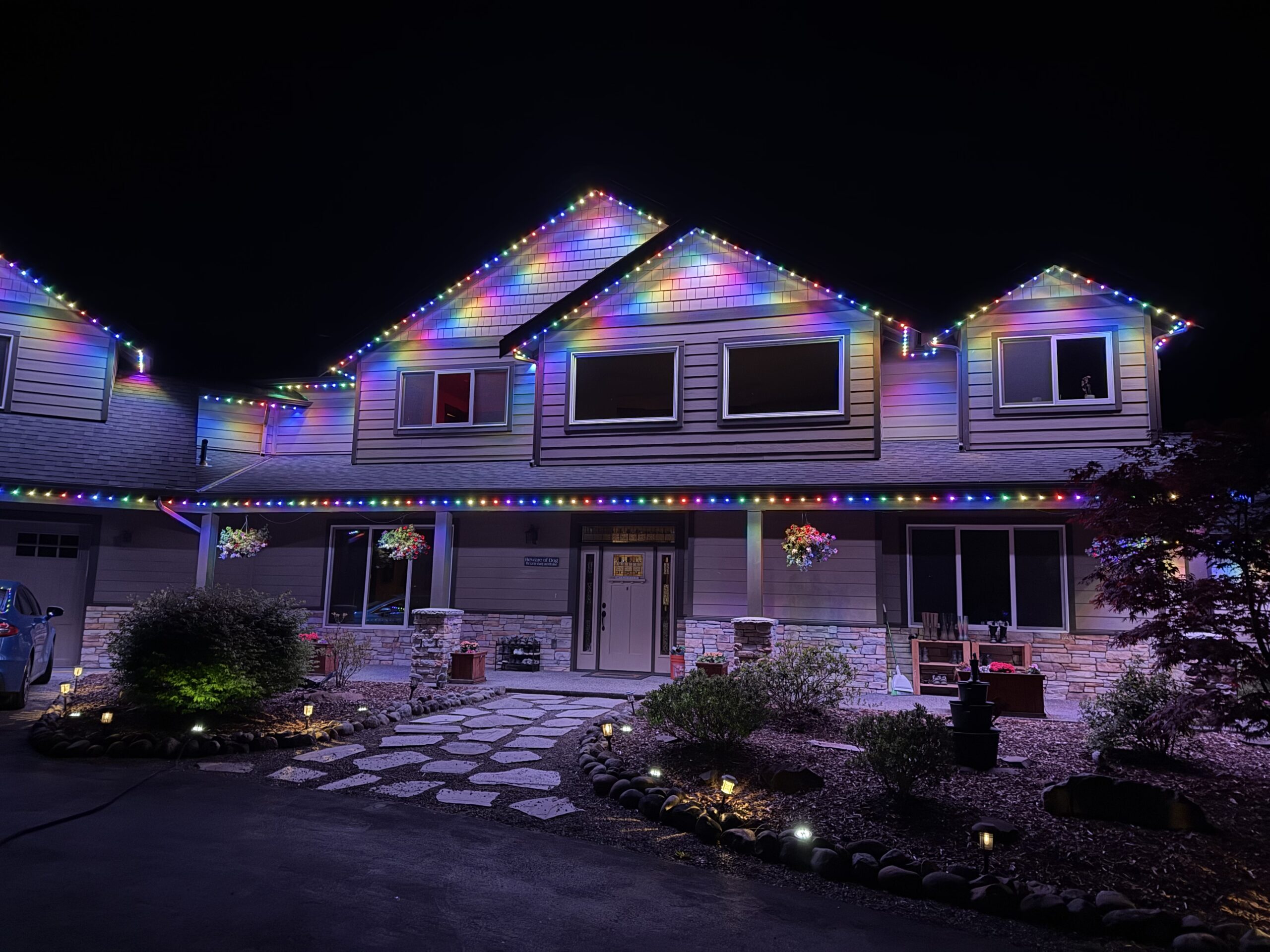 Front view of house with permanent lights
