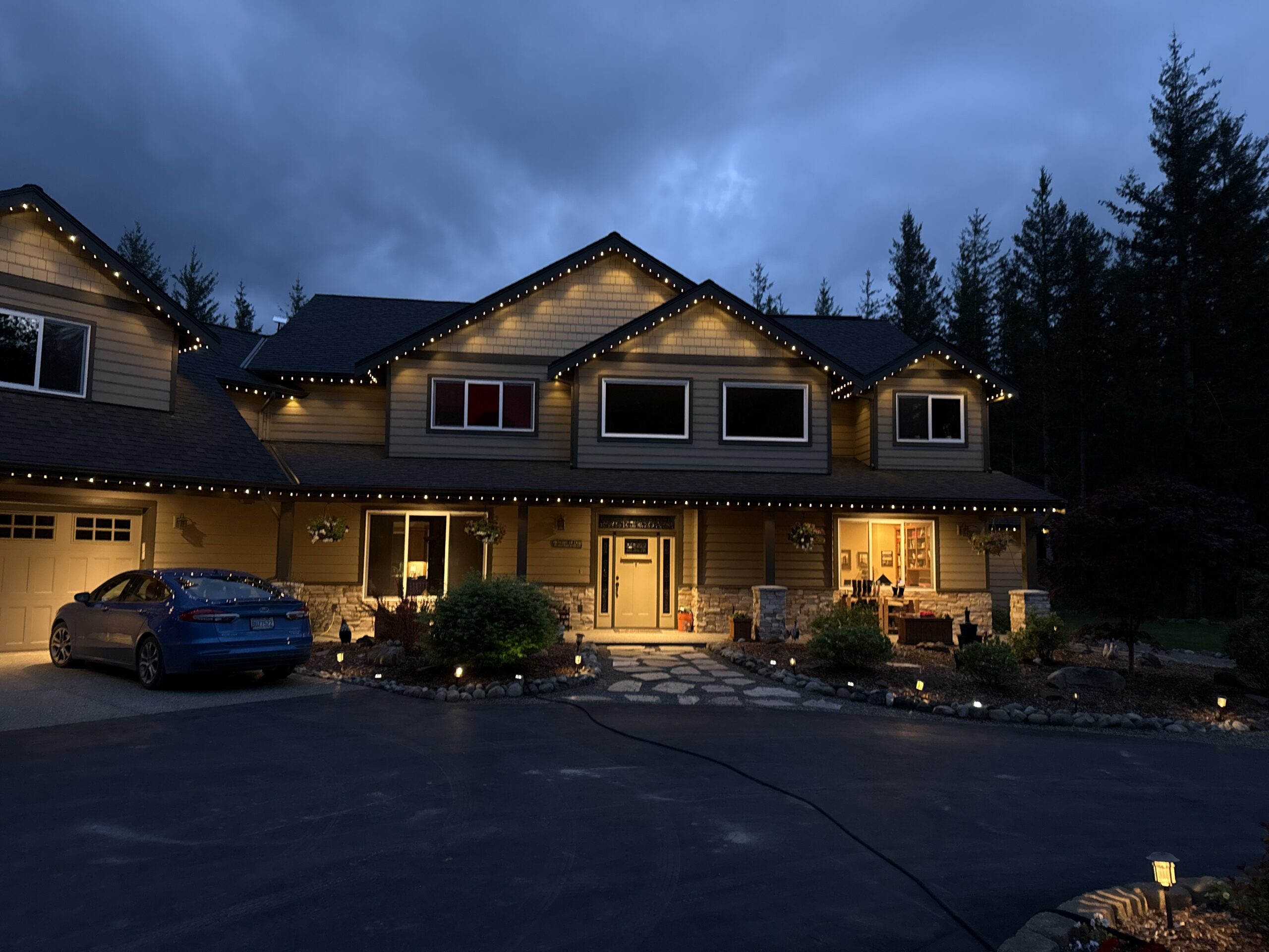 House with permanent LED lights at night